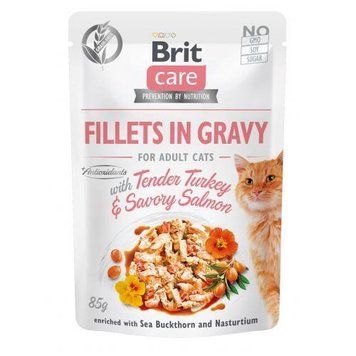 Влажный корм Brit Care Cat Pouch для кошек, филе в соусе, нежная индейка и пикантный лосось, 85 г 100528/0501 фото