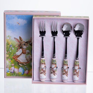 Набір столових приборів Rabbit Family HP-7323-12 десертний на 2 особи, 4 предмети, порцелянові ручки HP-7323-12 фото