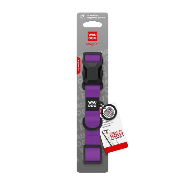 Ошейник для собак водостойкий WAUDOG Magnet c QR паспортом, магнітна пряжка-фастекс, XL, Ш 25 мм, Дов 38-58 см, фіолетовий 27979 фото