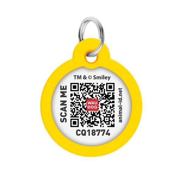 Адресник для собак і котів металевий WAUDOG Smart ID з QR паспортом, малюнок "Смайли на чорному", коло, Д 30 мм 230-0181 фото