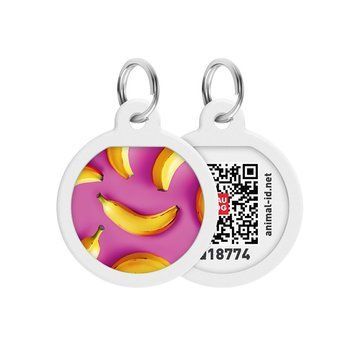 Адресник для собак і котів металевий WAUDOG Smart ID з QR паспортом, малюнок "Банани на рожевому", коло, Д 25 мм 225-4055 фото