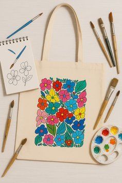Набор эко сумка-раскраска "Funny Flowers" хлопок 220 г/м2 38х42см ROSA Talent 4823098543510 фото